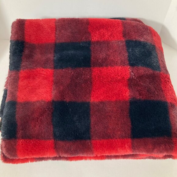 Vince Camuto Faux Rabbit Fur Buffalo Check Throw Blanket Black Red 50 x 64" - Picture 3 of 6